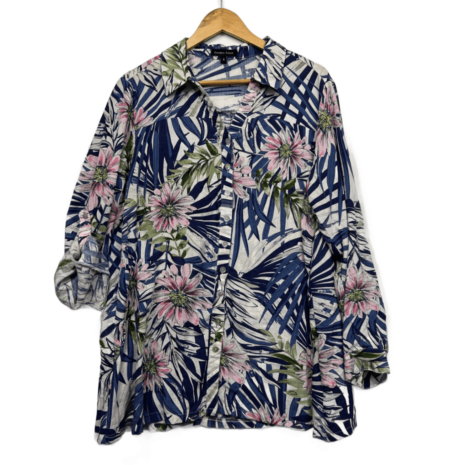 Gordon Smith Linen Blend Button Up Top Blouse Size 16 Roll Tab Sleeve