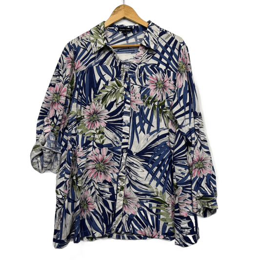 Gordon Smith Linen Blend Button Up Top Blouse Size 16 Roll Tab Sleeve