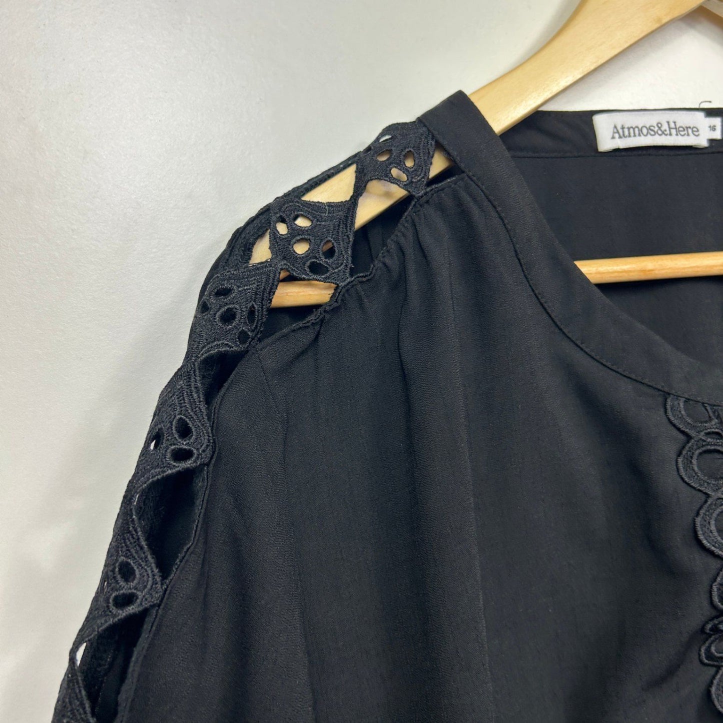 Atmos&Here Black Long Sleeve Tiered Crochet Trim Dress Size 16