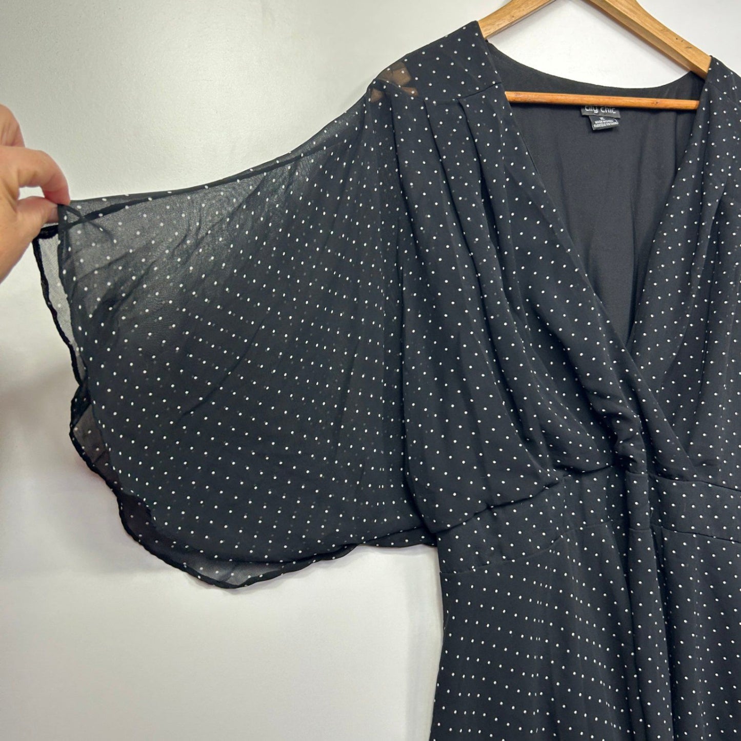 City Chic Top Size 22 XL Plus Black White Dots Sheer Flutter Sleeve Peplum V Neck