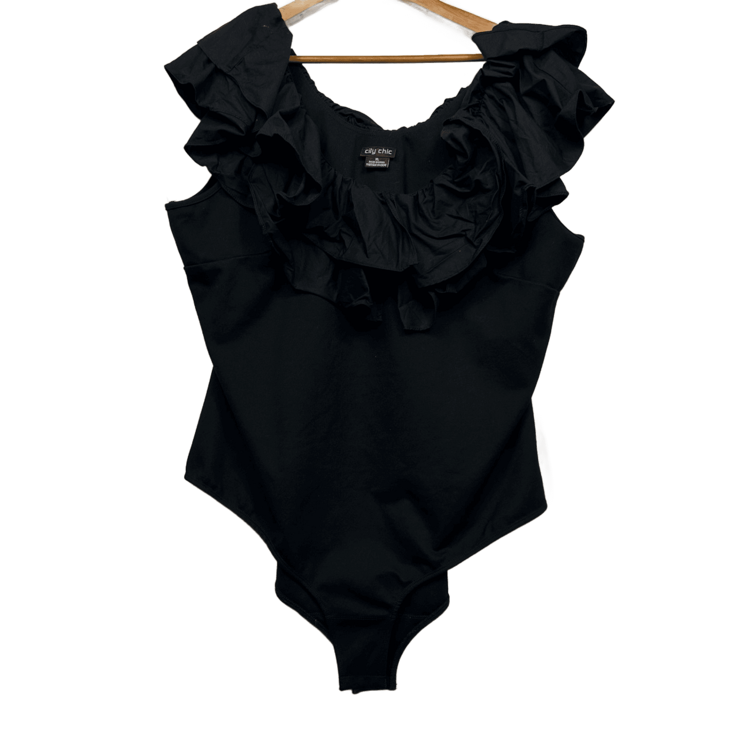 City Chic Black Sleeveless Ruffle Neck Bodysuit Size 22 XL Plus