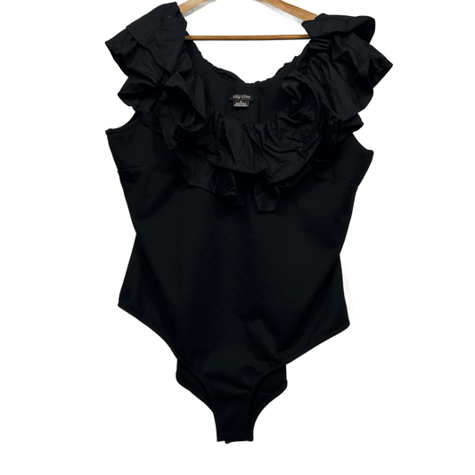 City Chic Black Sleeveless Ruffle Neck Bodysuit Size 22 XL Plus