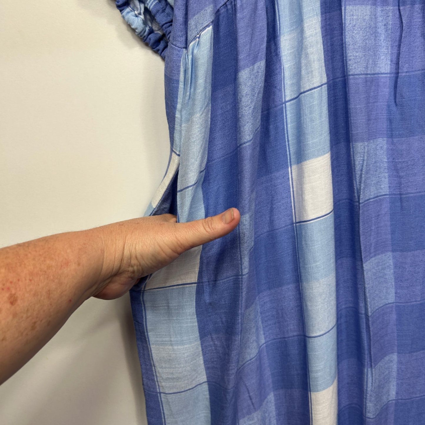 Millers Maxi Dress Size 16 Blue Check 3/4 Sleeve Midi Length Viscose Pockets