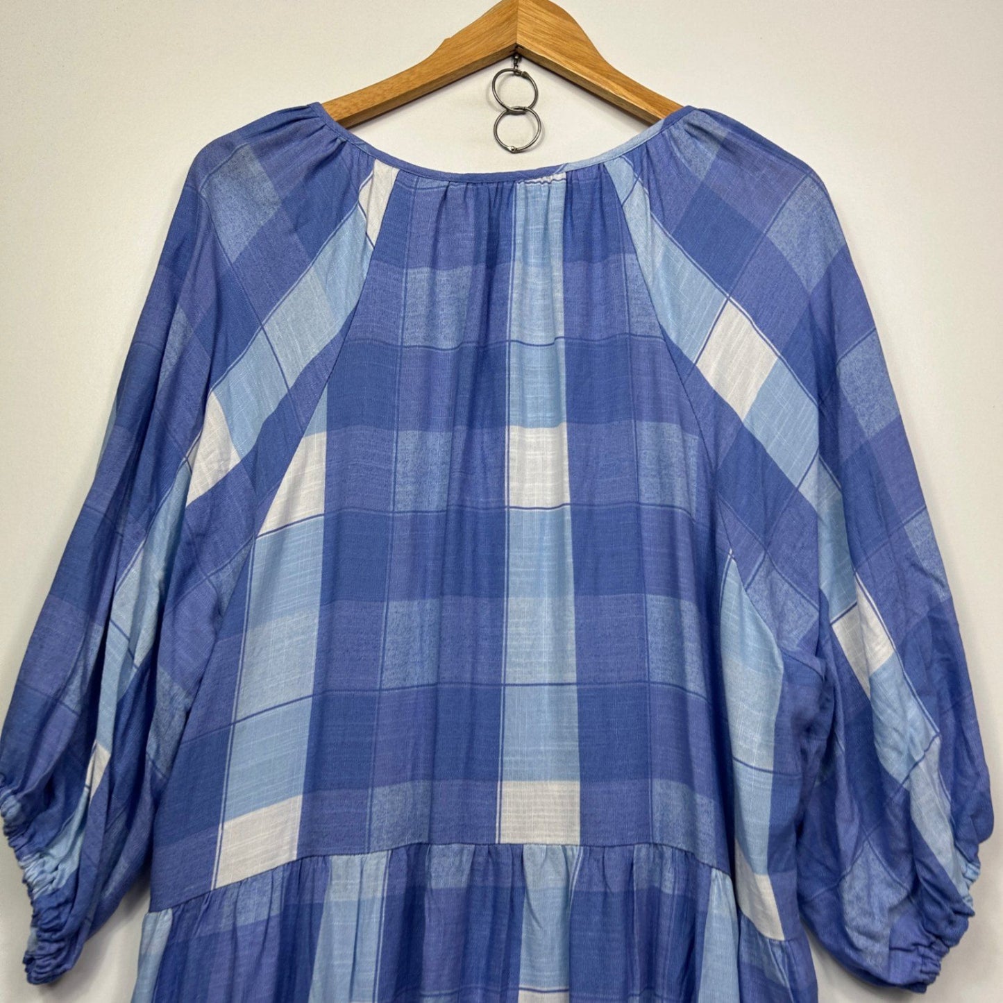 Millers Maxi Dress Size 16 Blue Check 3/4 Sleeve Midi Length Viscose Pockets