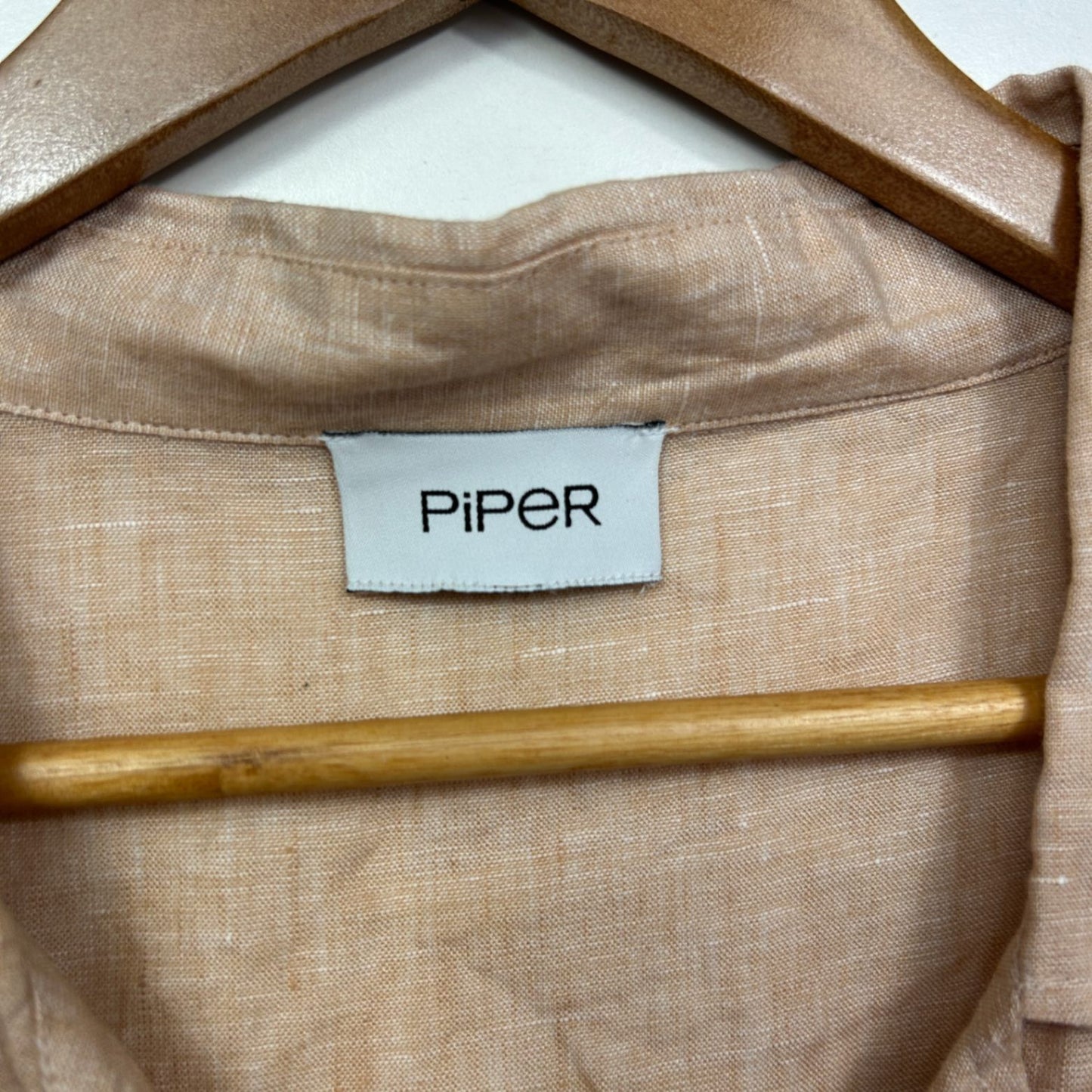 Piper Beige Linen Short Sleeve Collared Button Up Top Shirt Size 14 16