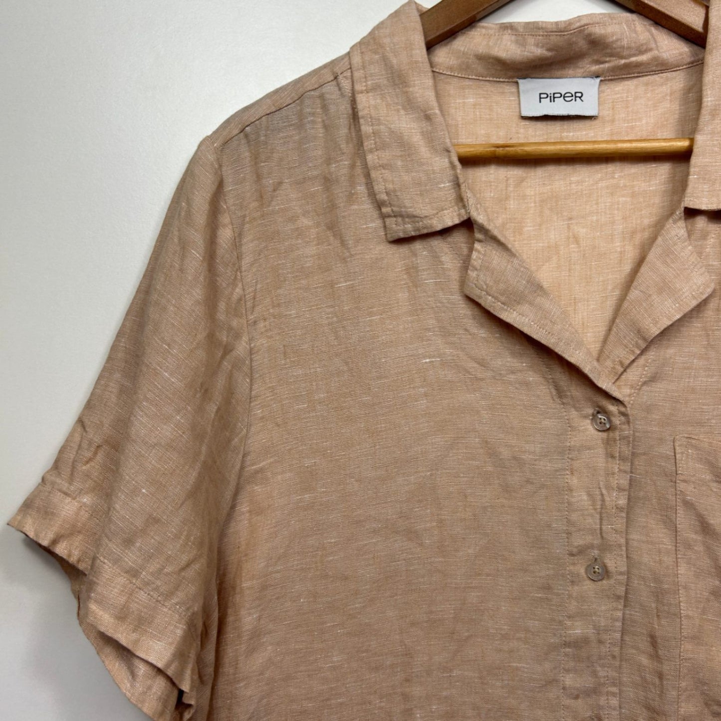 Piper Beige Linen Short Sleeve Collared Button Up Top Shirt Size 14 16