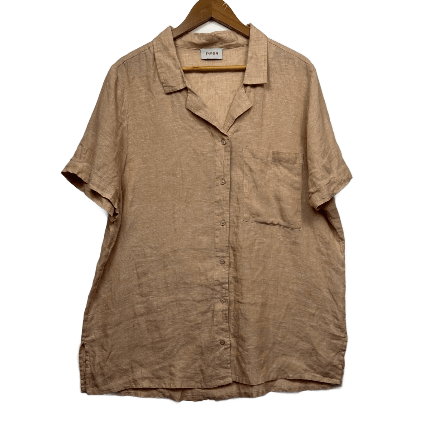 Piper Beige Linen Short Sleeve Collared Button Up Top Shirt Size 14 16