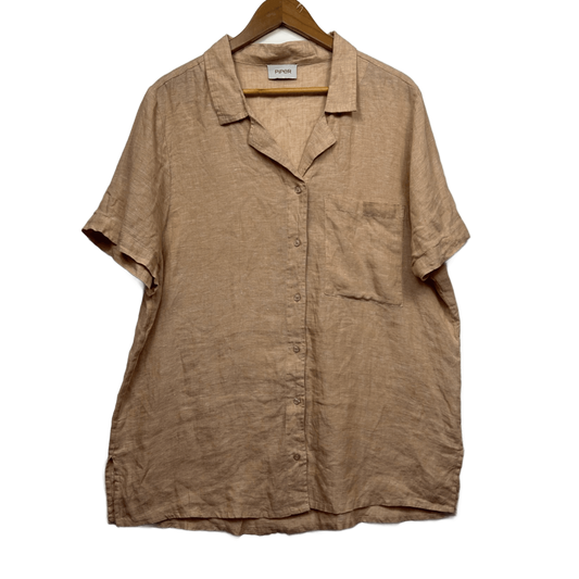 Piper Beige Linen Short Sleeve Collared Button Up Top Shirt Size 14 16