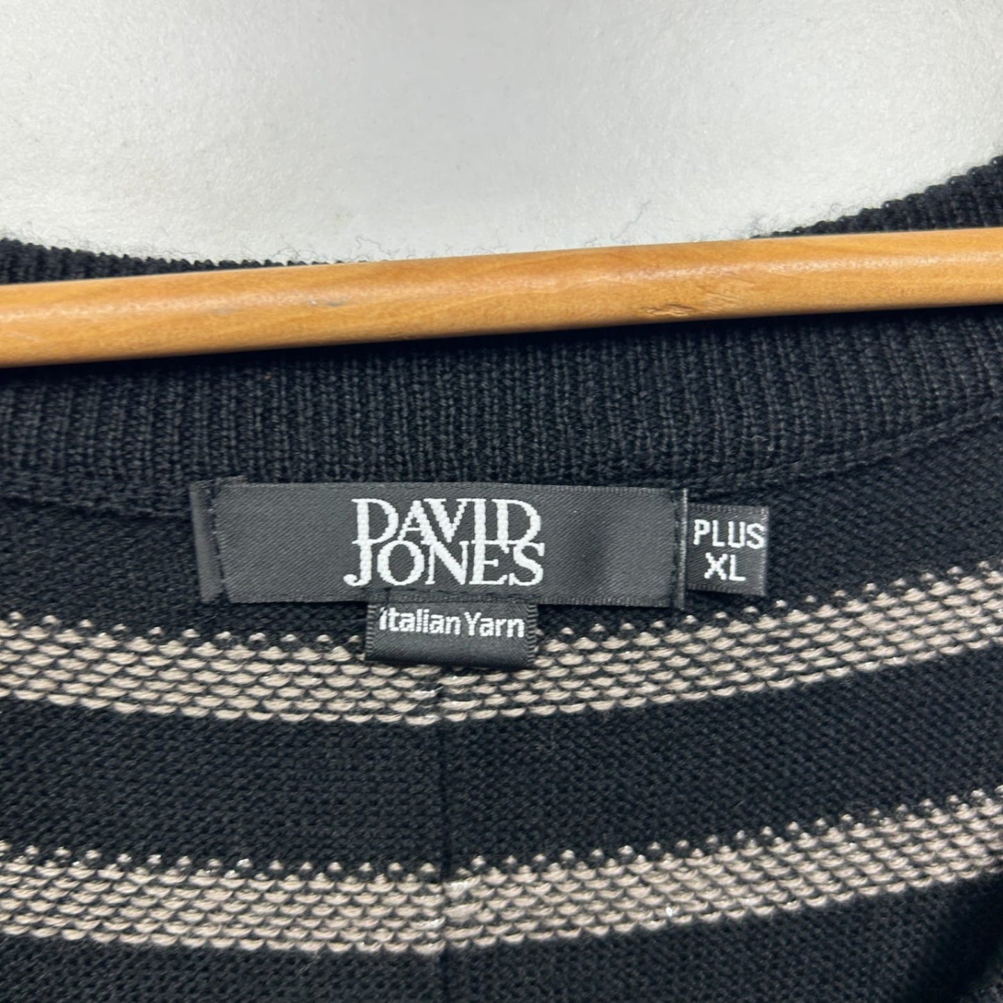 David Jones Black Italian Yarn Wool Blend Knit Top Size 16 18 Striped Metallic