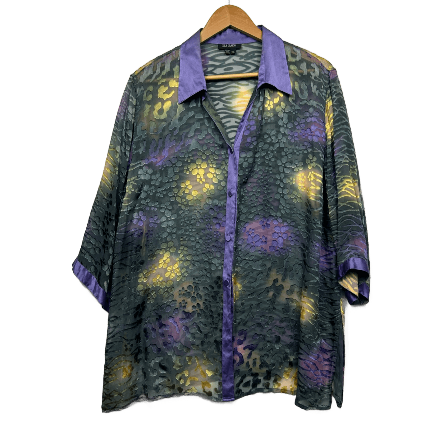 Silk Button Up Shirt Top Size 16 XL Sheer Long Sleeve