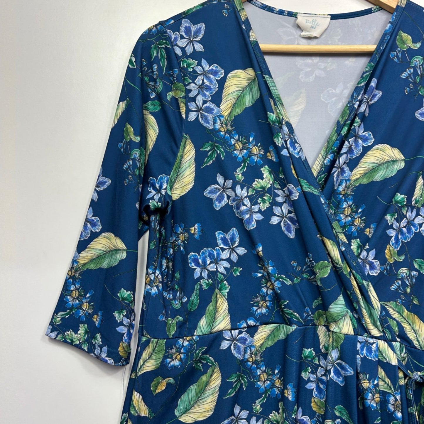 Belle Bird Cocktail Dress Size 16 Blue 3/4 Sleeve Floral Birdsnest V Neck Tie Closure
