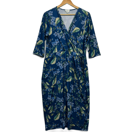 Belle Bird Cocktail Dress Size 16 Blue 3/4 Sleeve Floral Birdsnest V Neck Tie Closure