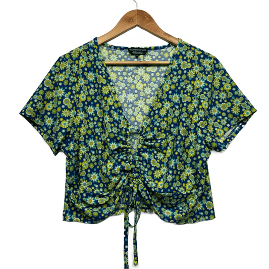 Wednesdays Girl Green Floral V Neck Crop Ruched Cut Out Top Size 20