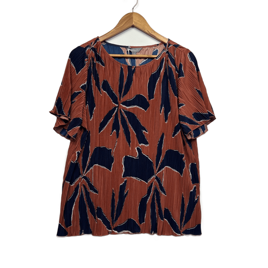 New Suzanne Grae Top Blouse Rust Navy Floral Pleated Size 16