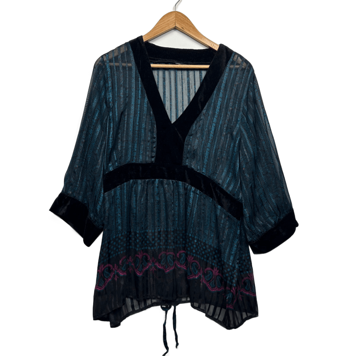 Boho Sheer Tunic Top Black Teal Velvet Trim Y2K 90s Witchy Festival Goth Size 14