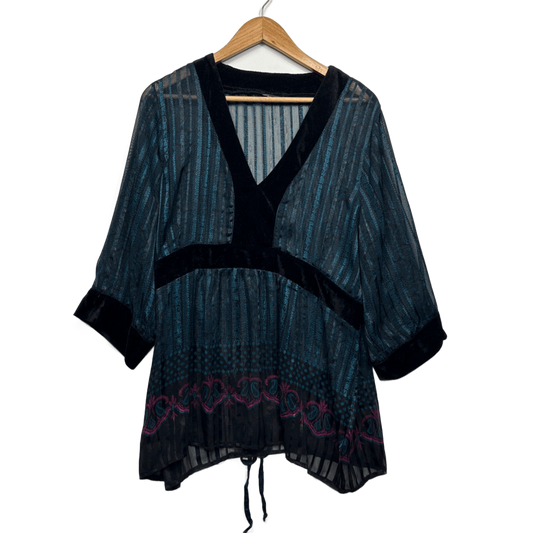 Boho Sheer Tunic Top Black Teal Velvet Trim Y2K 90s Witchy Festival Goth Size 14