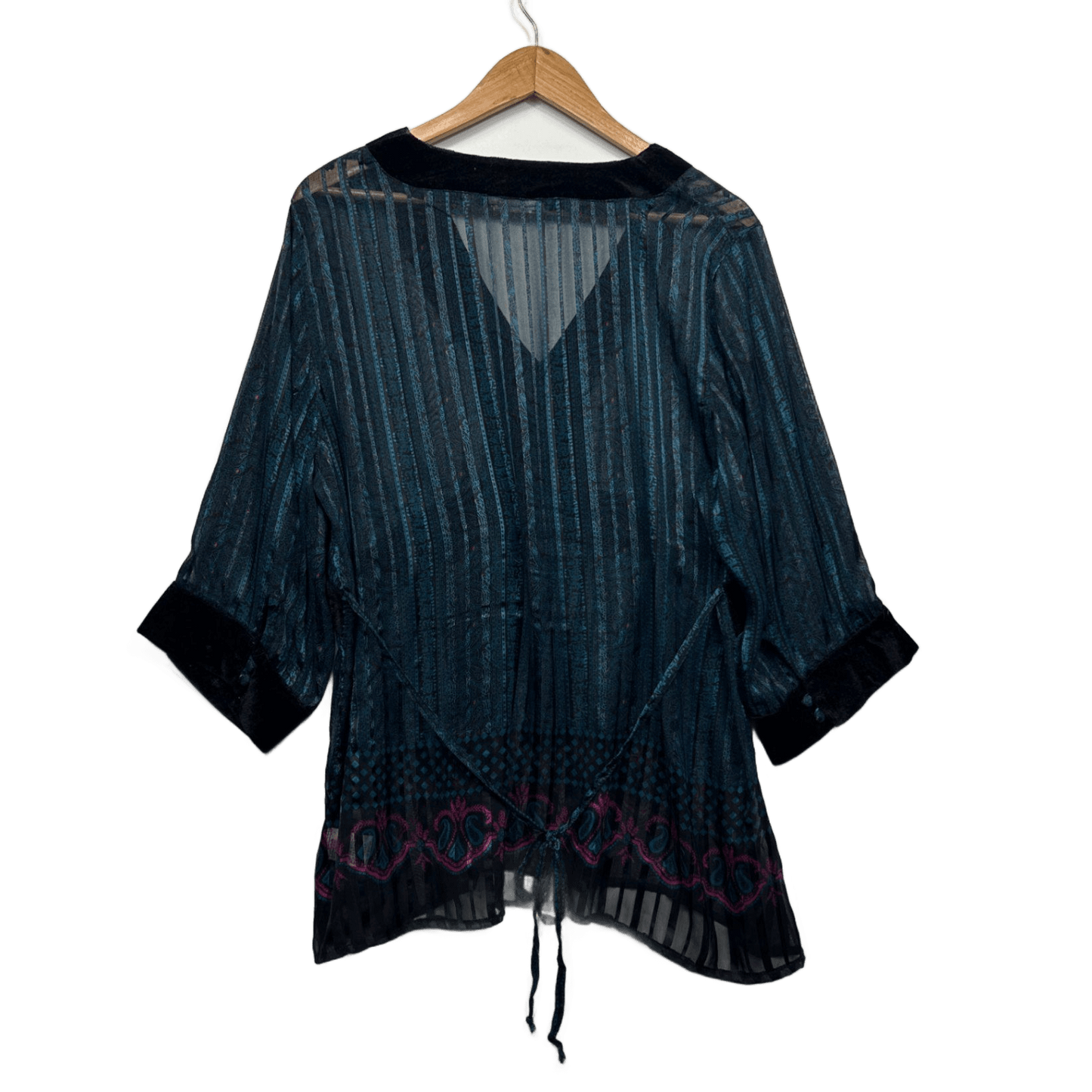 Boho Sheer Tunic Top Black Teal Velvet Trim Y2K 90s Witchy Festival Goth Size 14