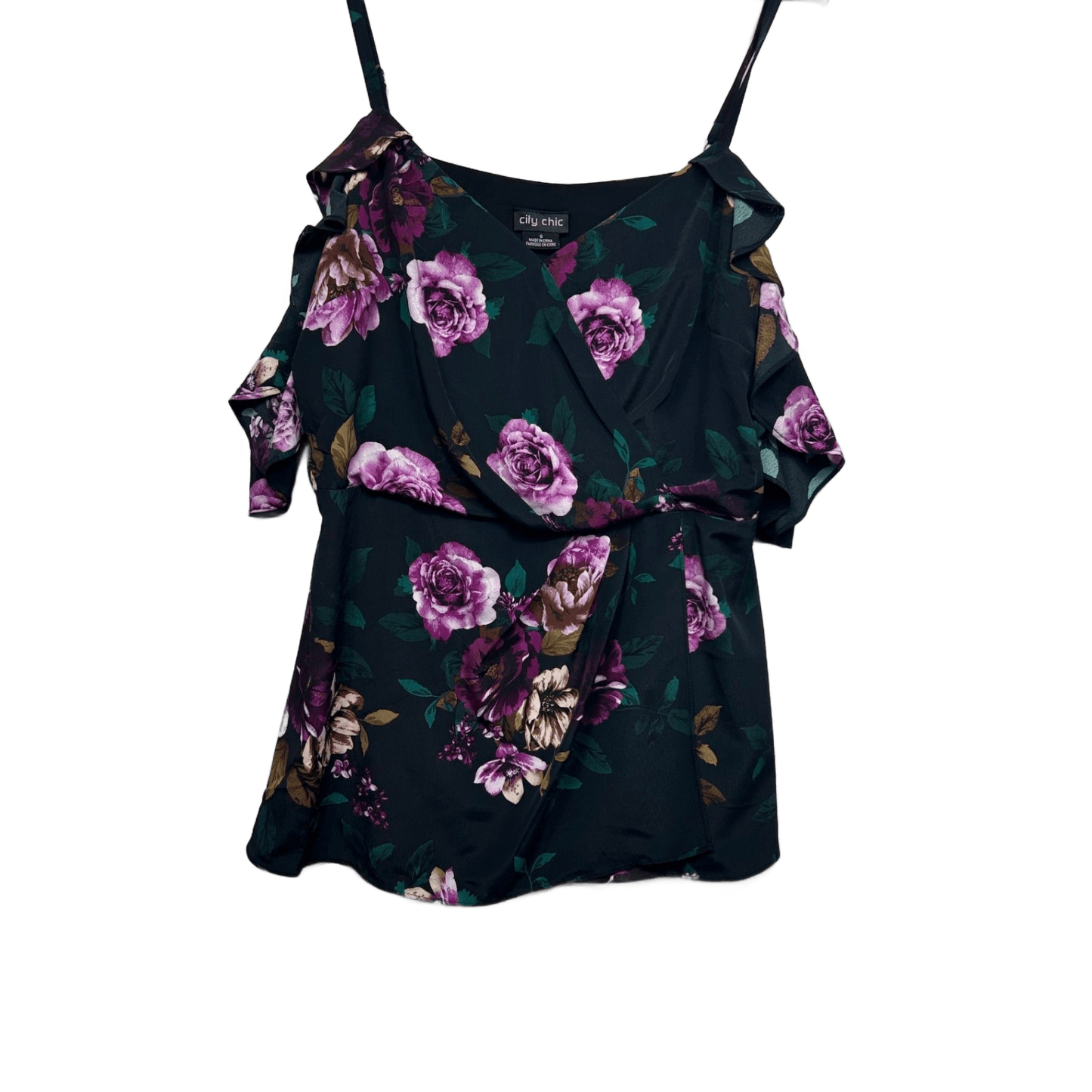 New City Chic Black Floral Short Sleeve Cold Shoulder Sophia Top Blouse Size 16