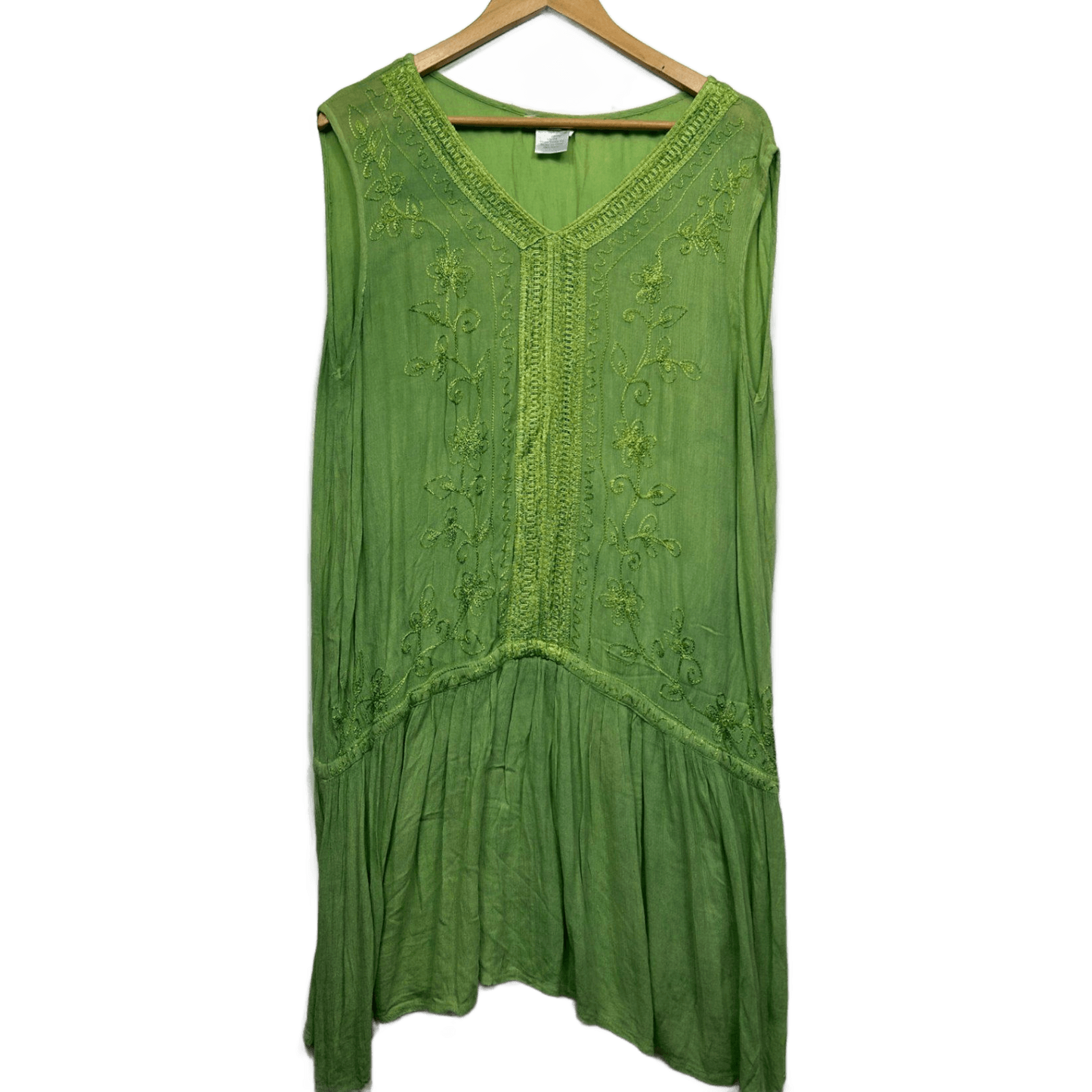 Festival Clothing Green Rayon Sleeveless V-Neck Boho Embroidered Top Size 12 14