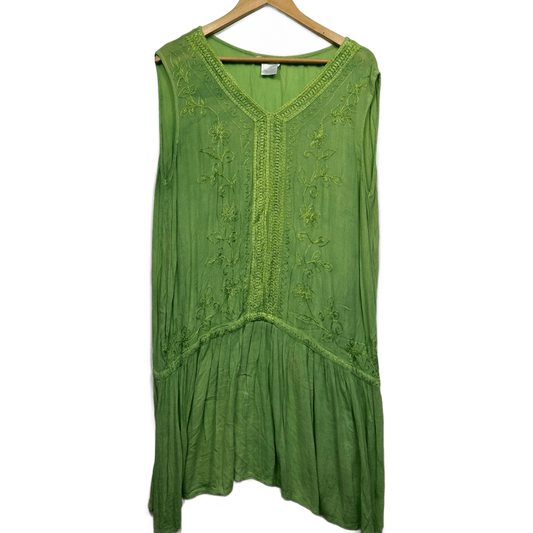 Festival Clothing Green Rayon Sleeveless V-Neck Boho Embroidered Top Size 12 14