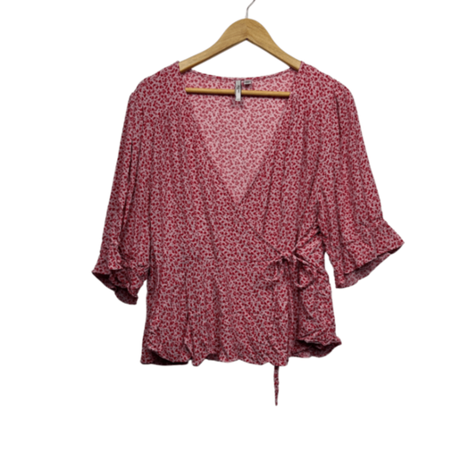 Forever New Pink Viscose Short Sleeve Floral Wrap Top Size 22