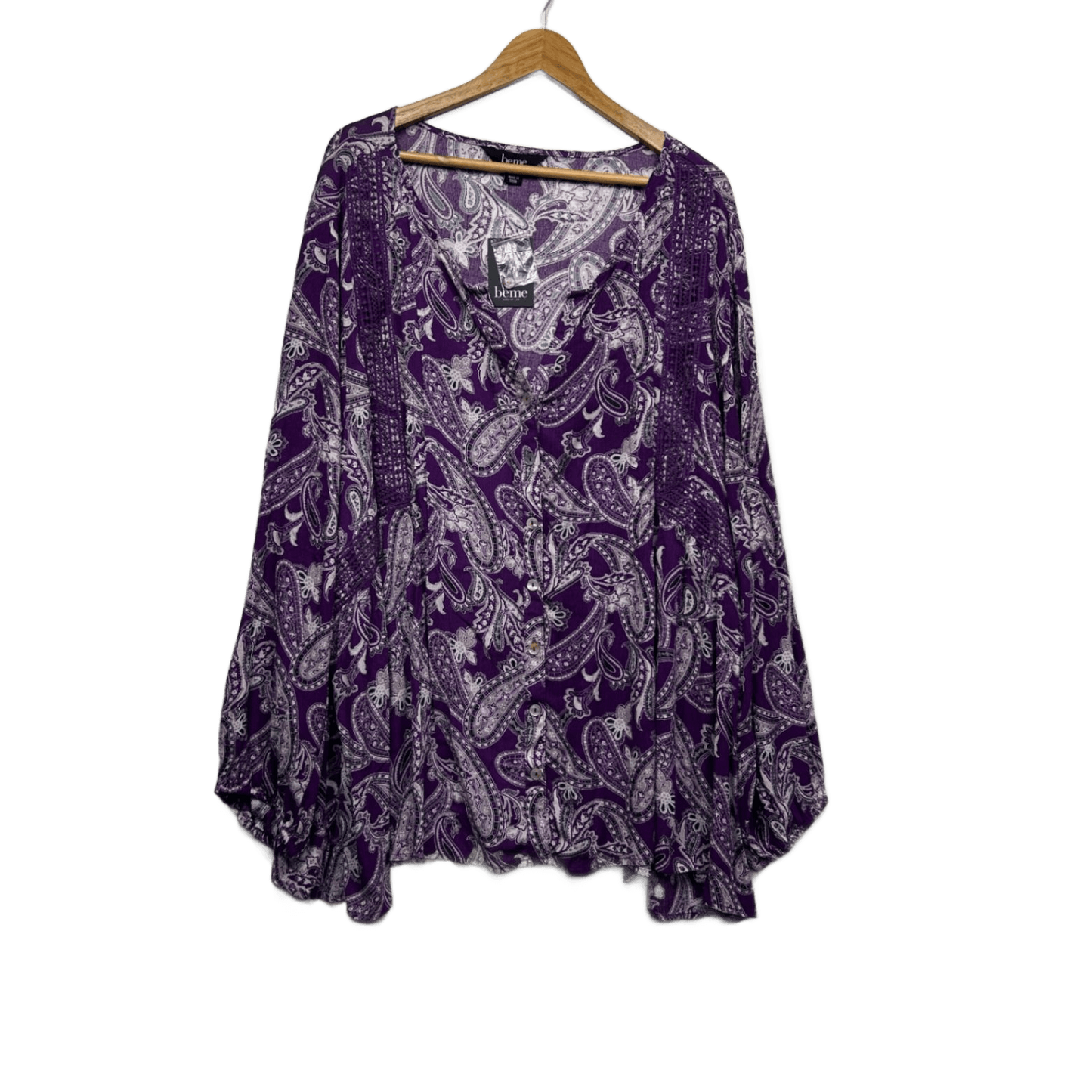 New Beme Purple Viscose Long Sleeve Paisley Print V-Neck Boho Top Blouse Size 28