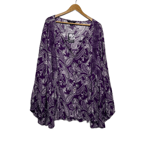 New Beme Purple Viscose Long Sleeve Paisley Print V-Neck Boho Top Blouse Size 28
