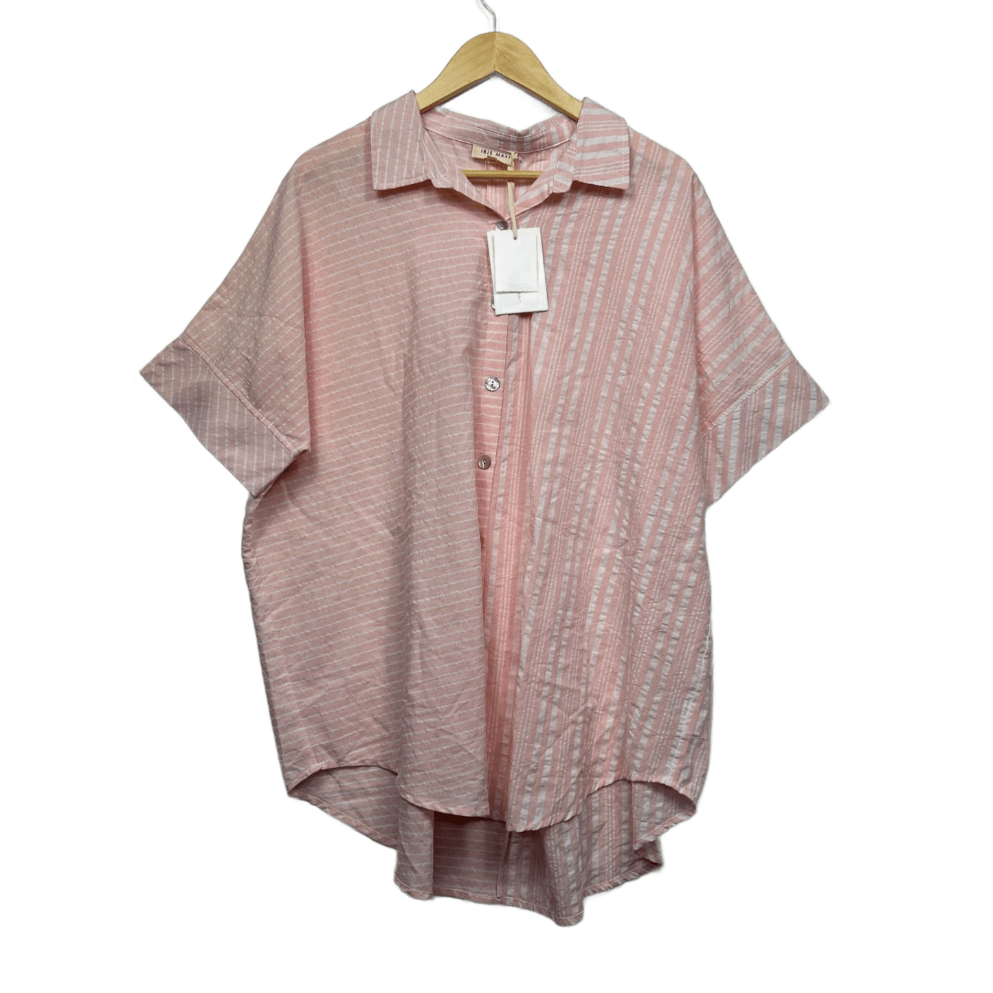 New Iris Maxi Pink White Cotton Short Sleeve Collared Striped Top Shirt Size 14