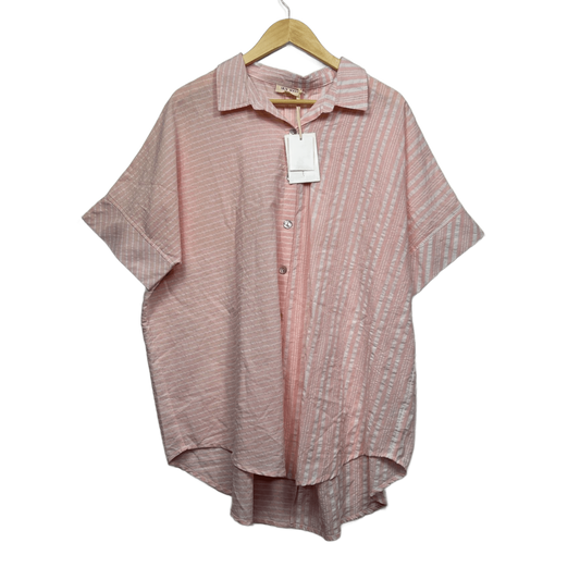 New Iris Maxi Pink White Cotton Short Sleeve Collared Striped Top Shirt Size 14