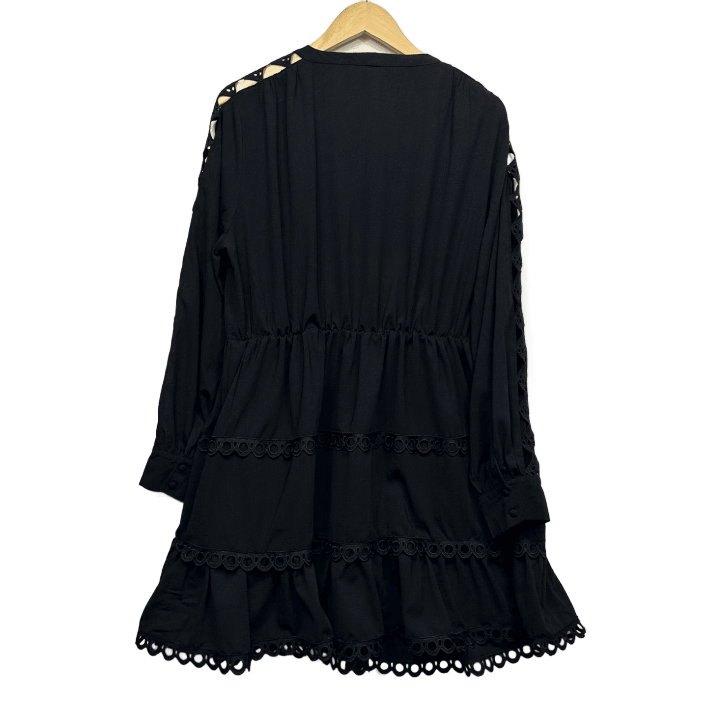 Atmos&Here Black Long Sleeve Tiered Crochet Trim Dress Size 16