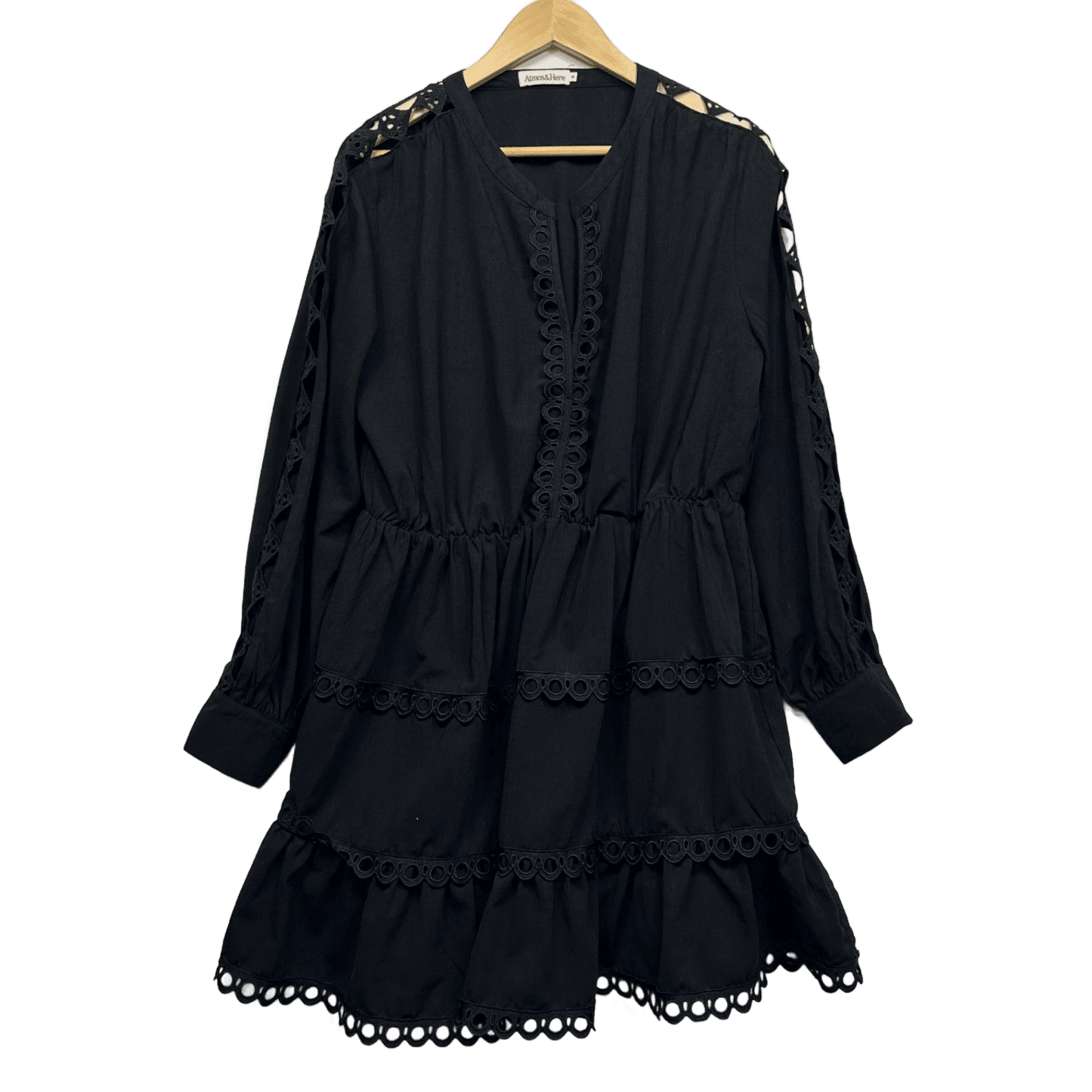 Atmos&Here Black Long Sleeve Tiered Crochet Trim Dress Size 16