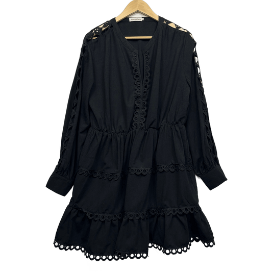 Atmos&Here Black Long Sleeve Tiered Crochet Trim Dress Size 16