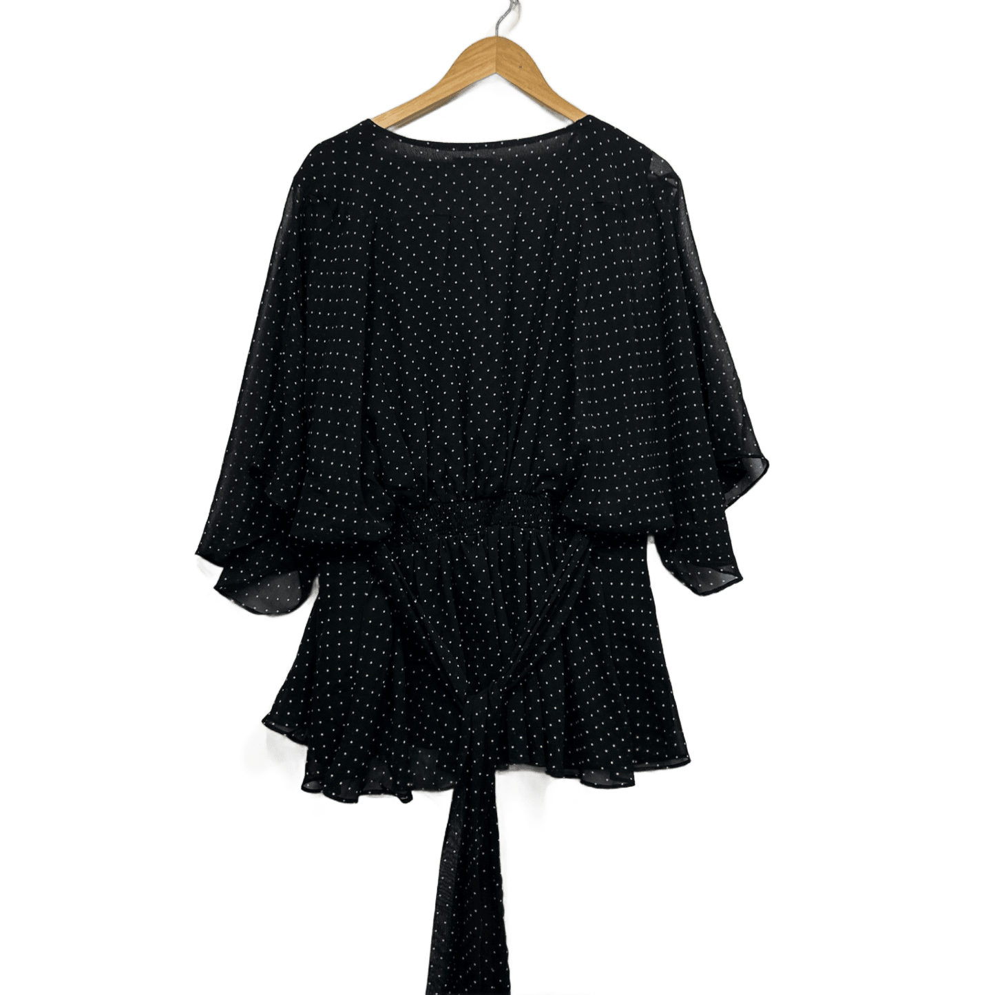 City Chic Top Size 22 XL Plus Black White Dots Sheer Flutter Sleeve Peplum V Neck