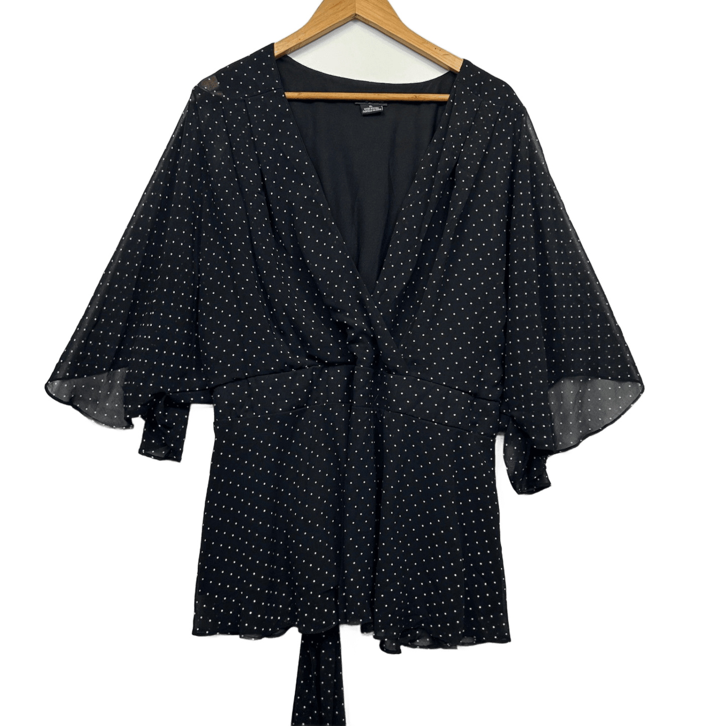 City Chic Top Size 22 XL Plus Black White Dots Sheer Flutter Sleeve Peplum V Neck