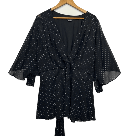 City Chic Top Size 22 XL Plus Black White Dots Sheer Flutter Sleeve Peplum V Neck