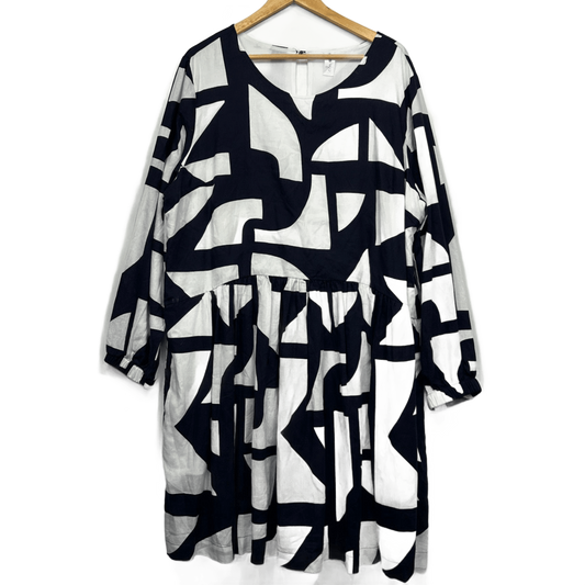 Elm Black White Long Sleeve Smock Cotton Dress Size 18 Pockets Lined