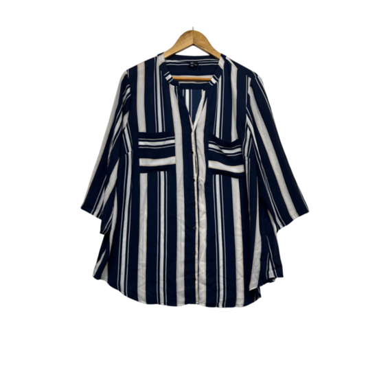 Katies Top Blouse Size 18 Blue Striped 3/4 Sleeve Button Up