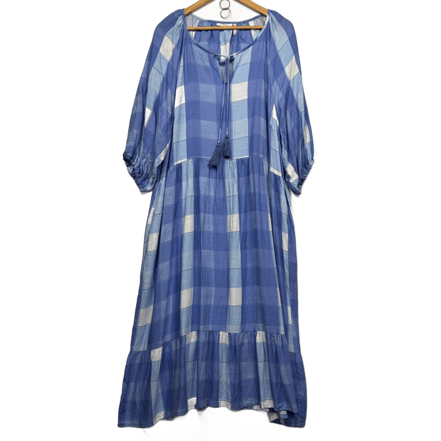 Millers Maxi Dress Size 16 Blue Check 3/4 Sleeve Midi Length Viscose Pockets