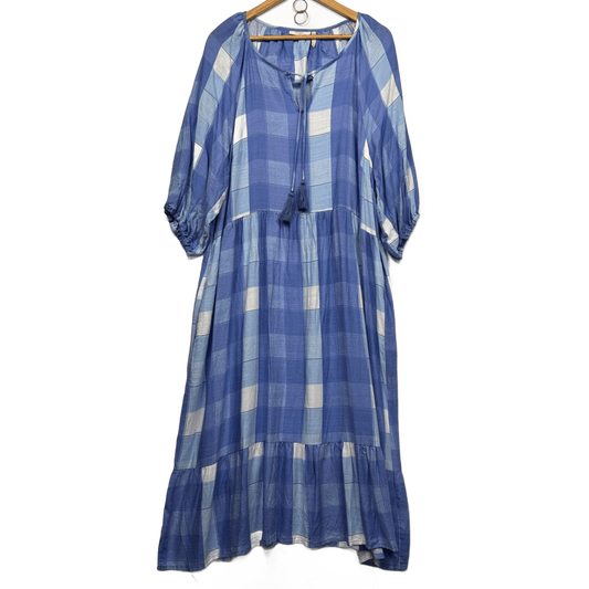 Millers Maxi Dress Size 16 Blue Check 3/4 Sleeve Midi Length Viscose Pockets