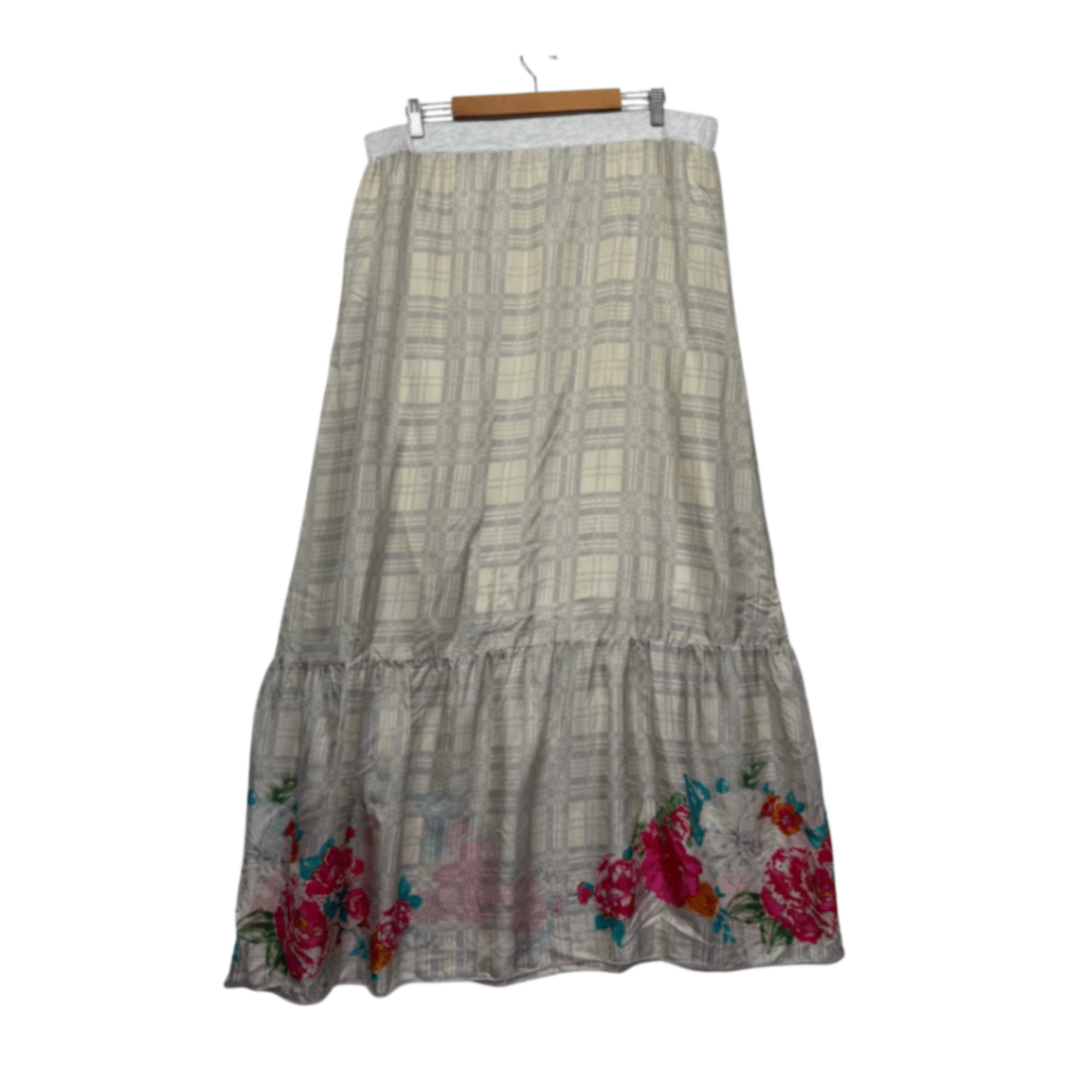 Johnny Was Silk Maxi Skirt Size XL Lined Long Length Floral Check Boho Lined