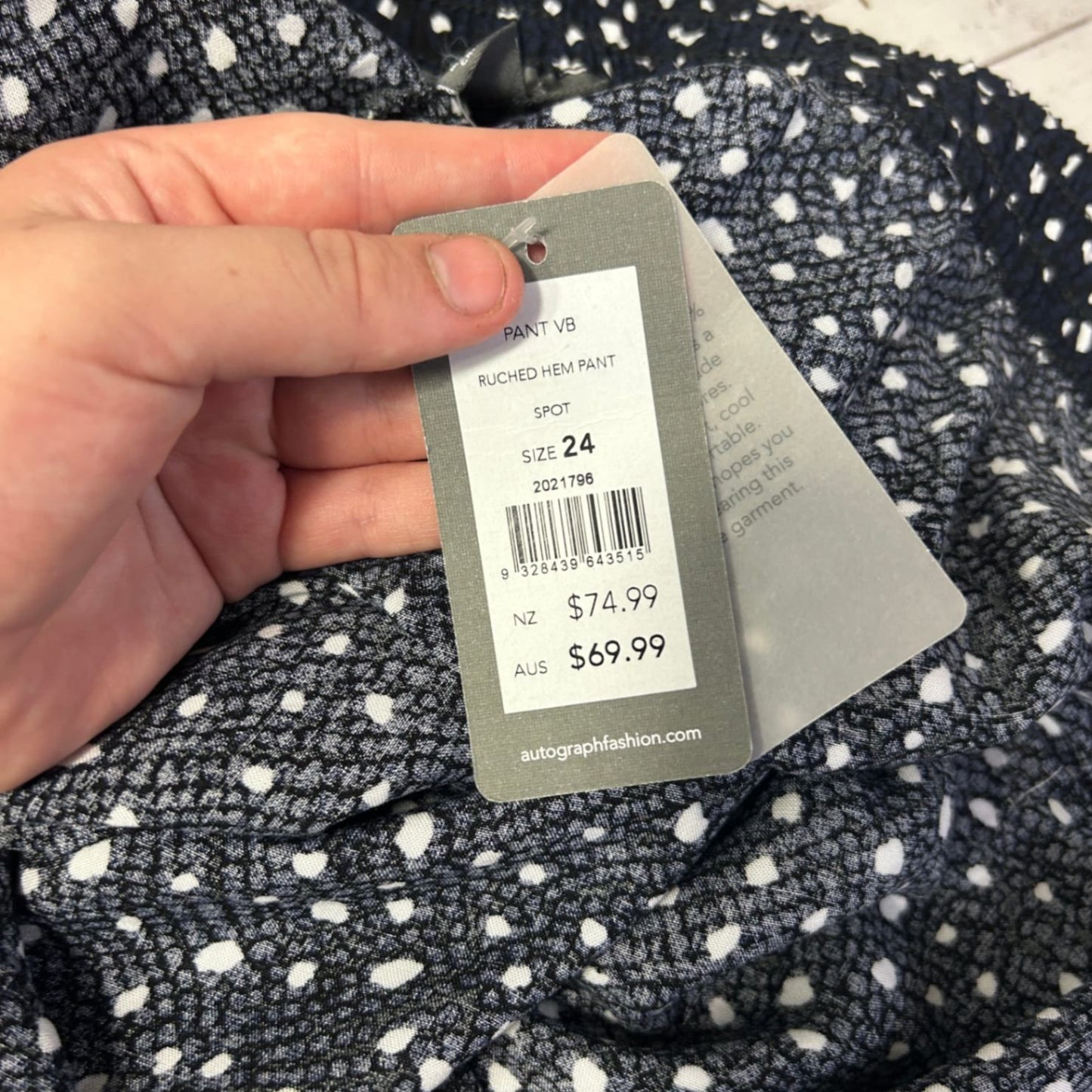 New Autograph Womens Ruffled Hem Spot Print Pants Size 24 Navy White Pockets