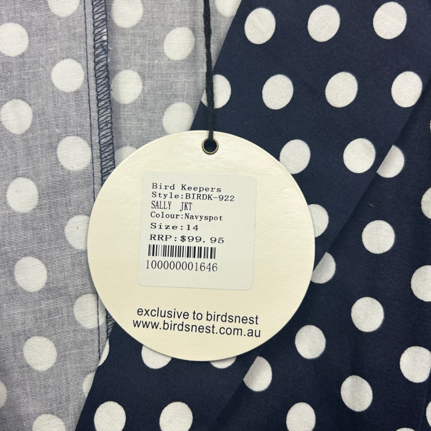 New Bird Keepers Jacket Blazer Size 14 Polka Dots Navy White Birdsnest