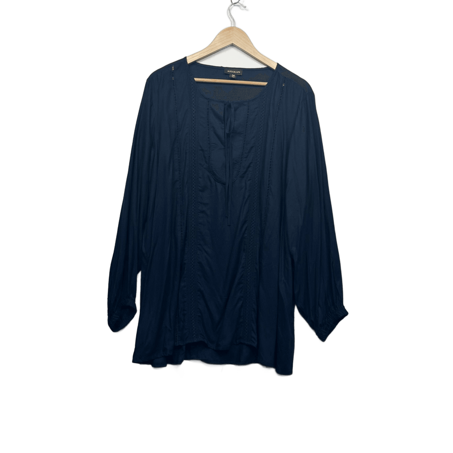 Autograph Navy Blue Long Sleeve Tie Neck Boho Blouse Top Size 14 Viscose