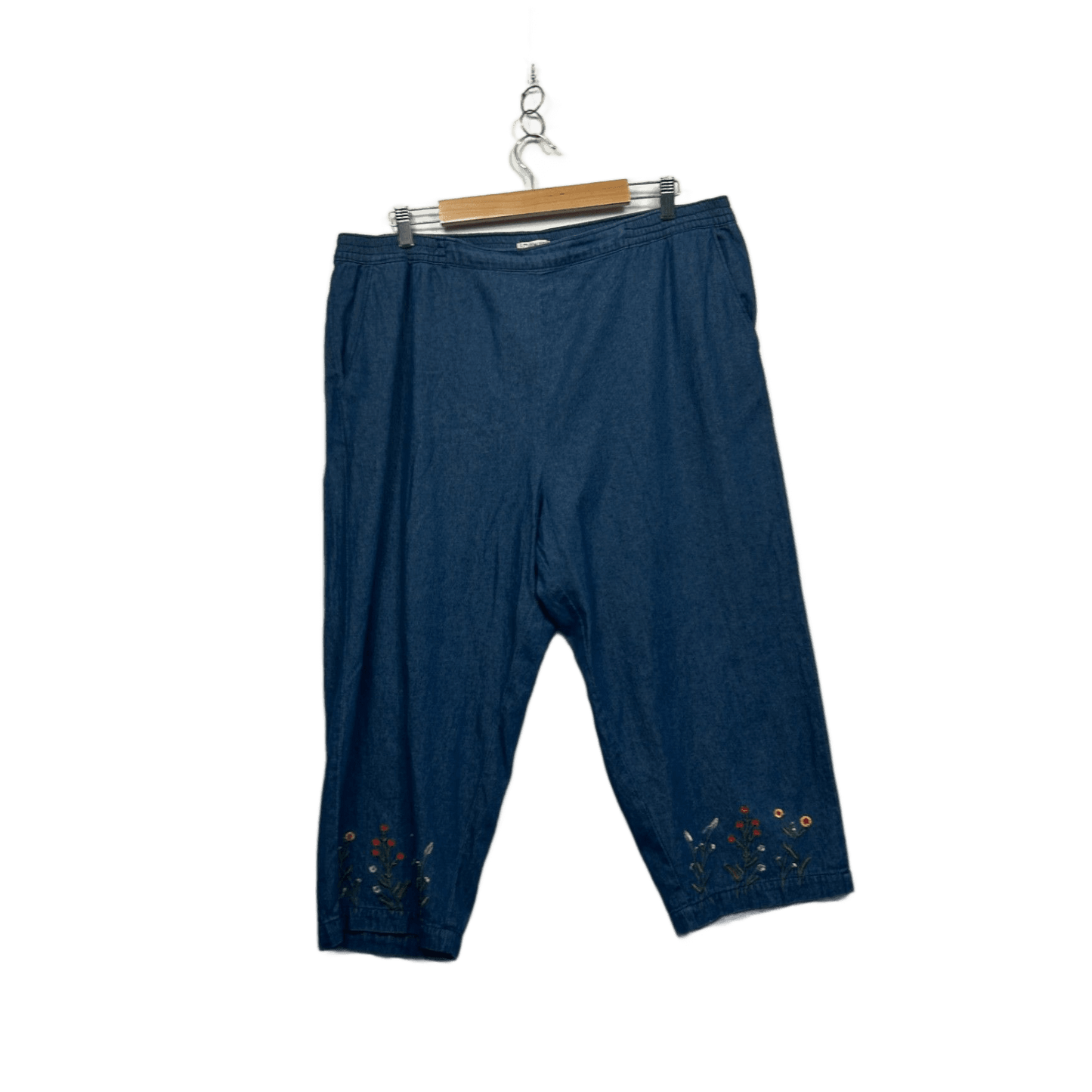 Damart Womens Blue Denim Cropped Trousers Size 20 Embroidered Floral