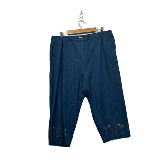 Damart Womens Blue Denim Cropped Trousers Size 20 Embroidered Floral