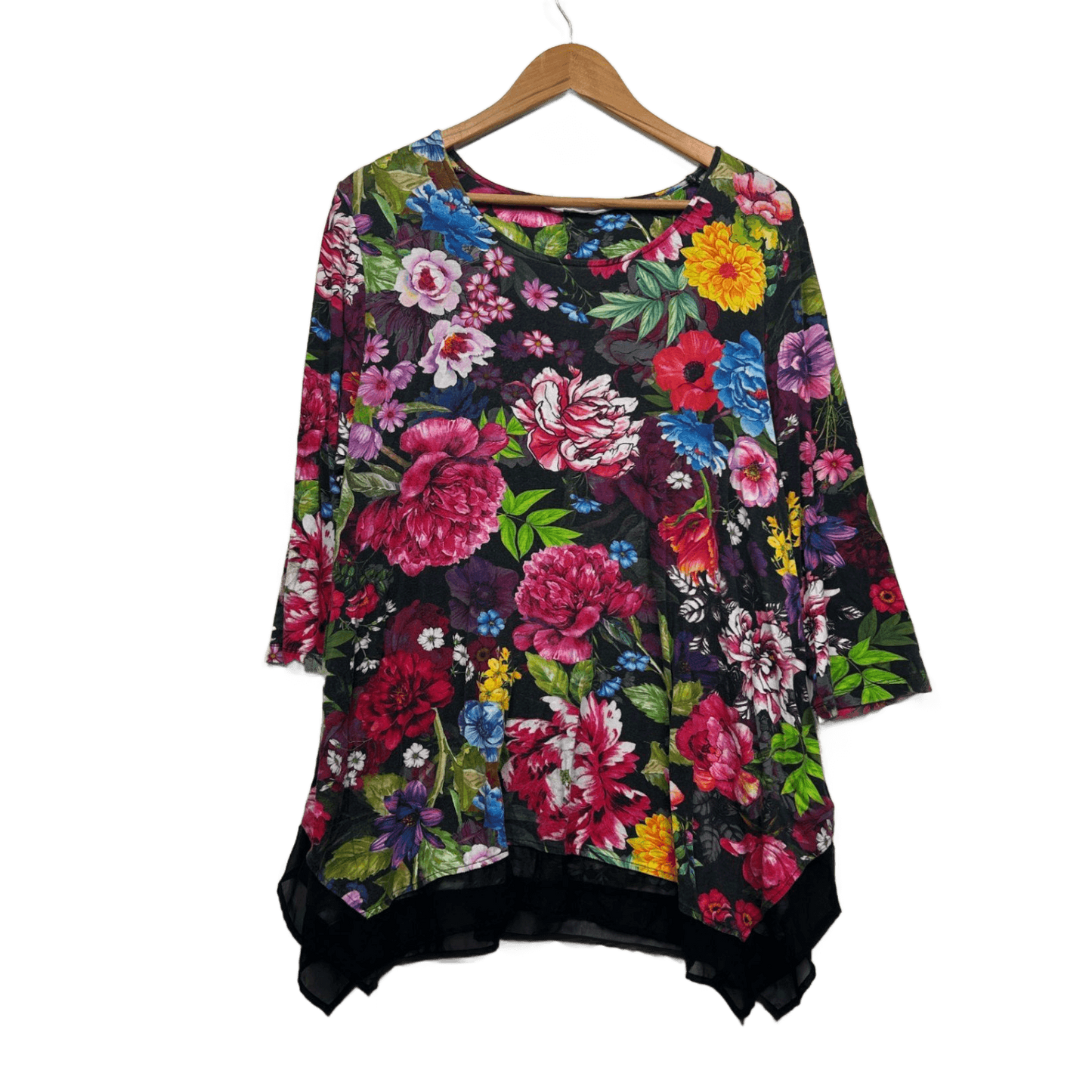 Virtuelle Black Floral Tunic Top Size 16 Plus Asymmetric Hem