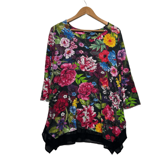 Virtuelle Black Floral Tunic Top Size 16 Plus Asymmetric Hem