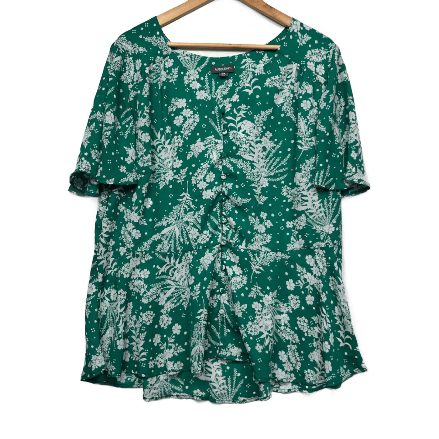 Autograph Green Short Sleeve V-Neck Floral Button Up Peplum Top Size 14