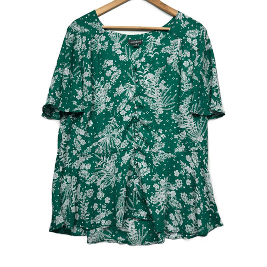 Autograph Green Short Sleeve V-Neck Floral Button Up Peplum Top Size 14
