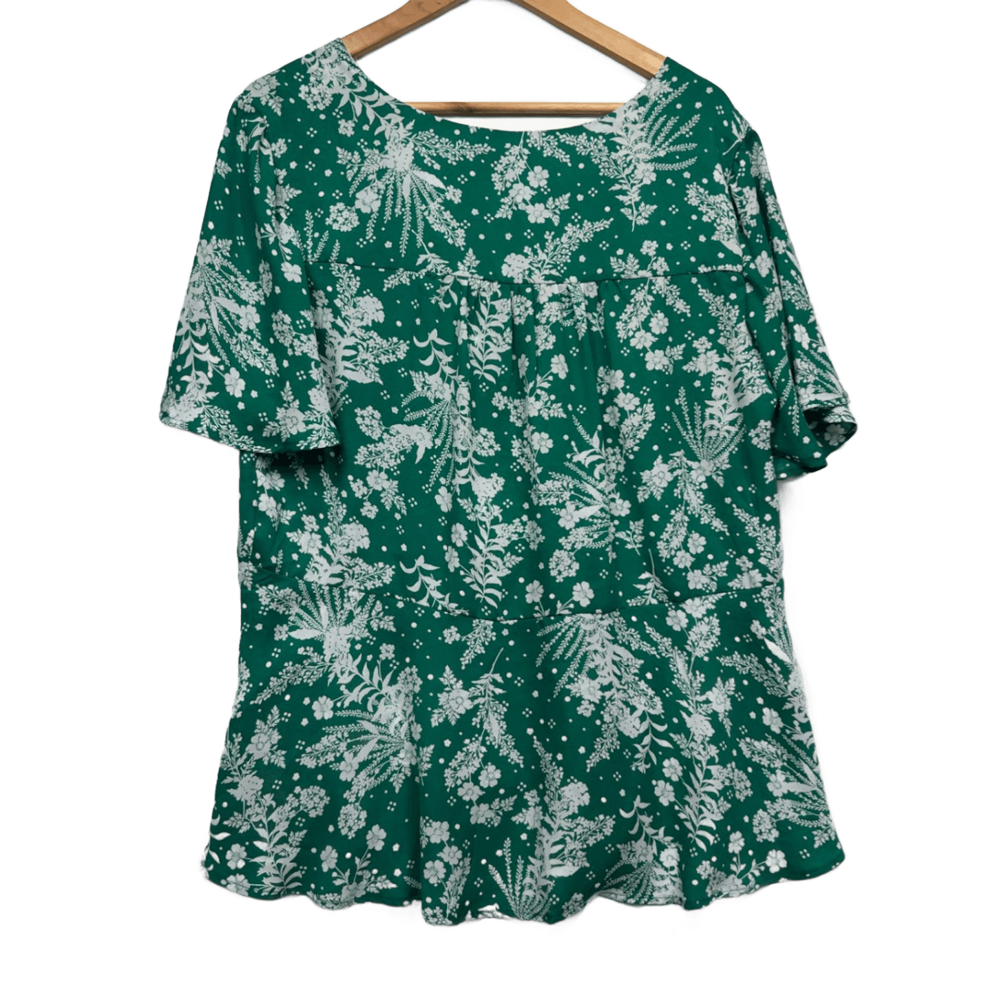 Autograph Green Short Sleeve V-Neck Floral Button Up Peplum Top Size 14